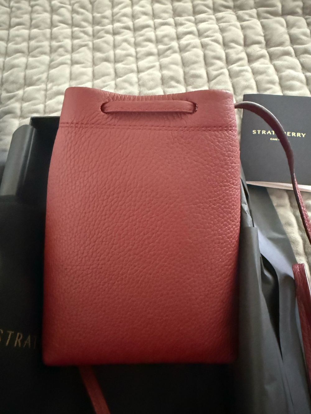 Strathberry Osette Pouch Large Grain Oxblood Leather Mini Drawstring Crossbody - Picture 3 of 5